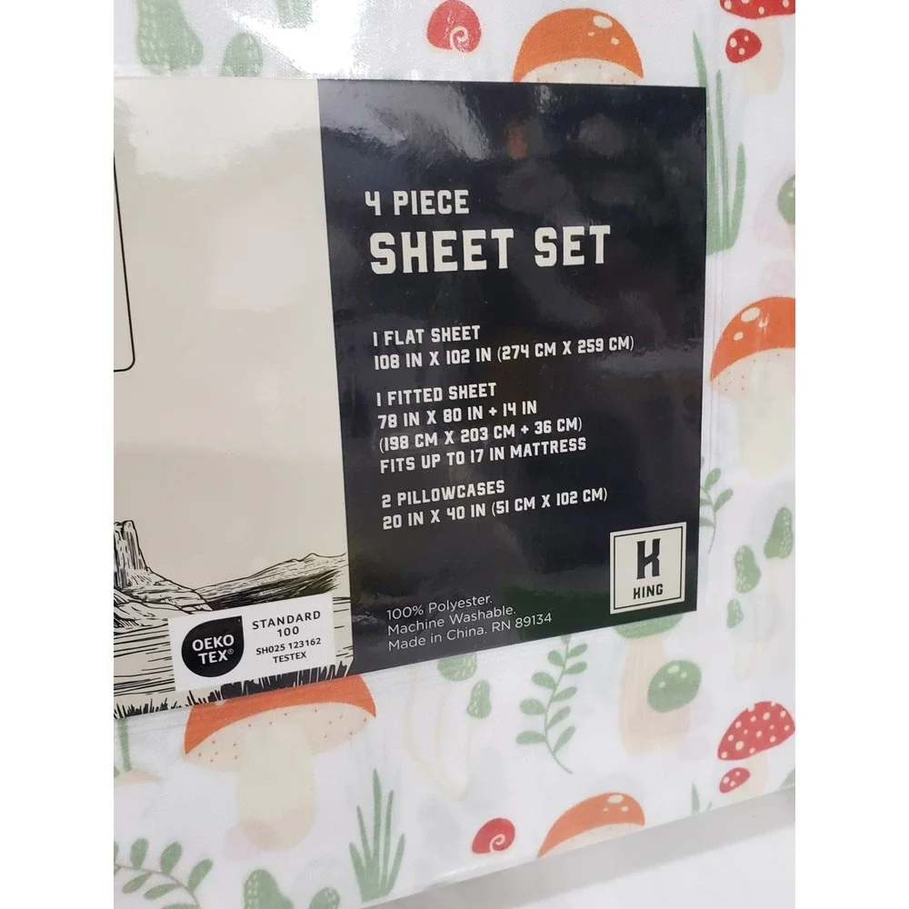 NEW King Size 4 PIECE SHEET SET MUSHROOM GARDEN BOTANICAL WHIMSICAL GNOME PLANTS